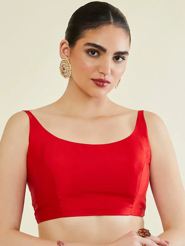 Red_Silk_Sleeveless_Fitted_Cropped_Blouse_For_Women
