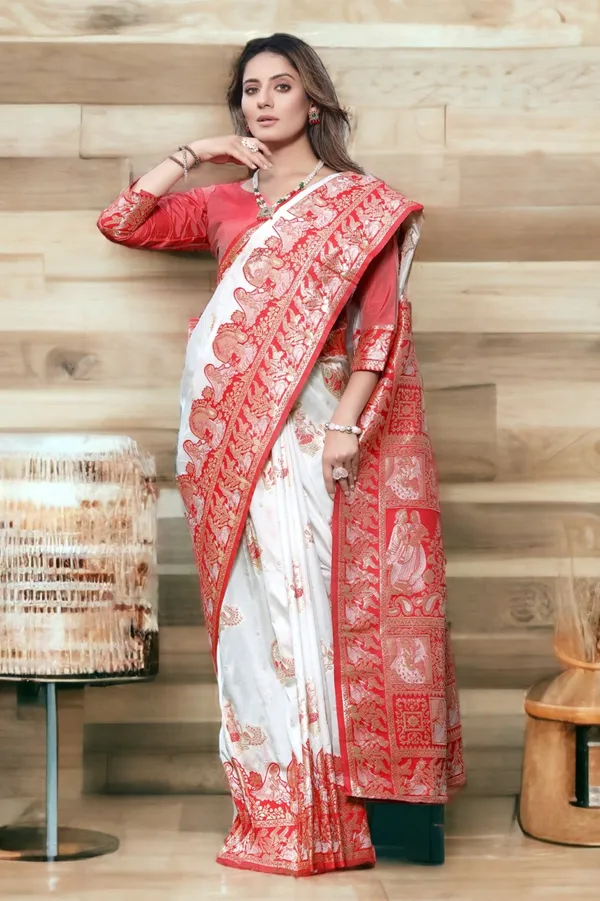 White_Silk_Traditional_Printed_Banarasi_Saree_For_Women