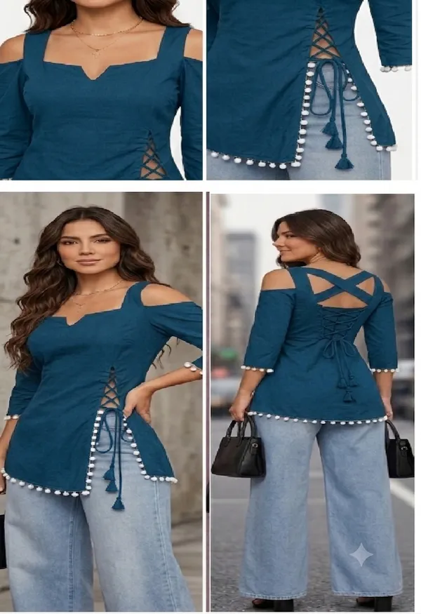 Teal_Rayon_Cold_Shoulder_Kurta_Tunic_For_Women