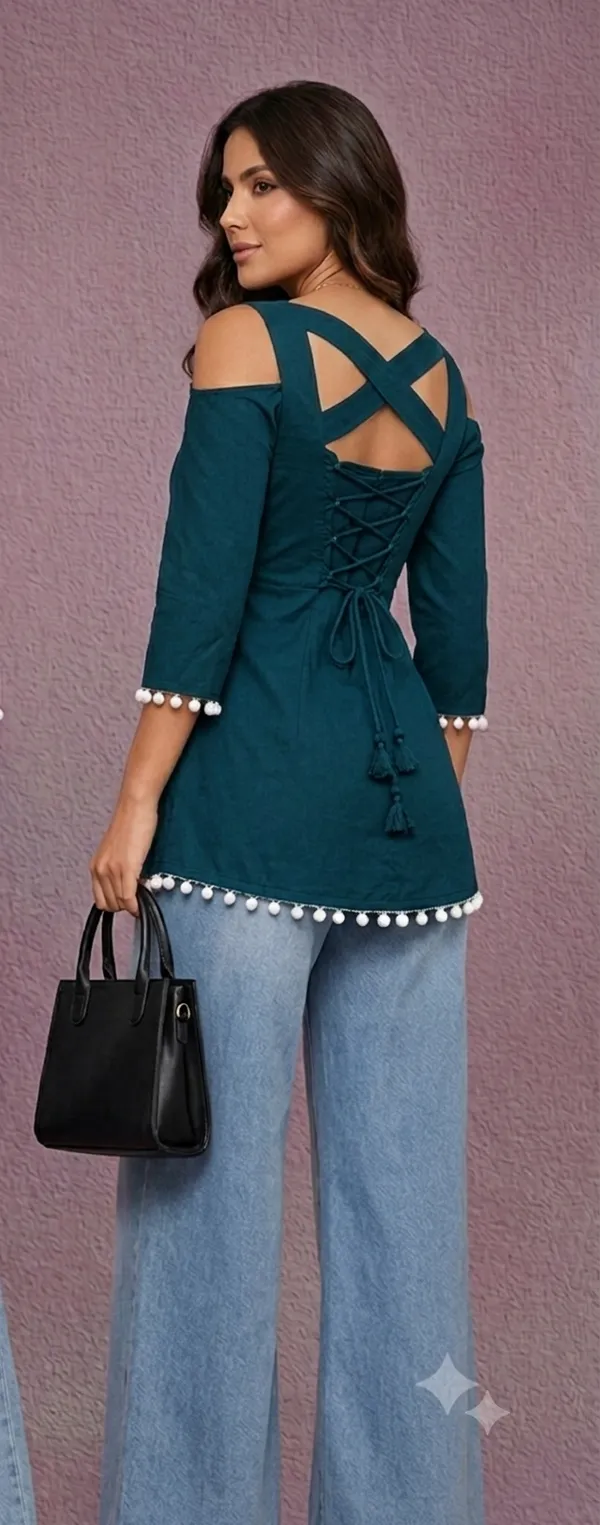 Teal_Rayon_Cold_Shoulder_Kurta_Tunic_For_Women