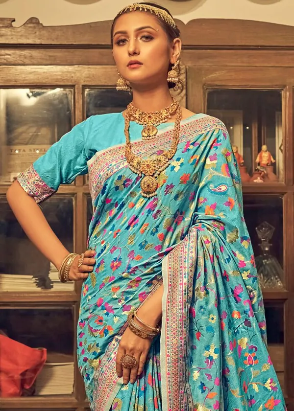 Firozi_Floral_Woven_Design_Zari_Art_Silk_Banarasi_Saree_For_Women