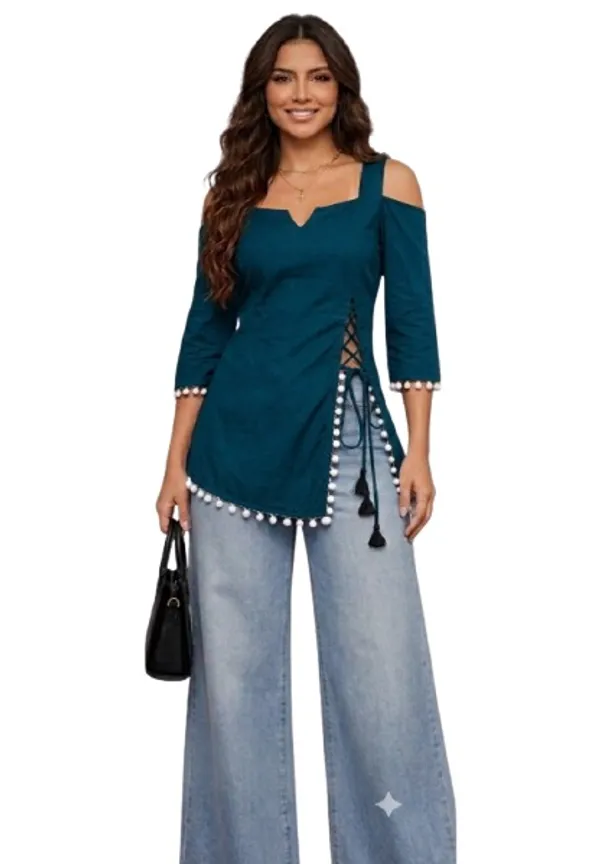 Teal_Rayon_Cold_Shoulder_Kurta_Tunic_For_Women