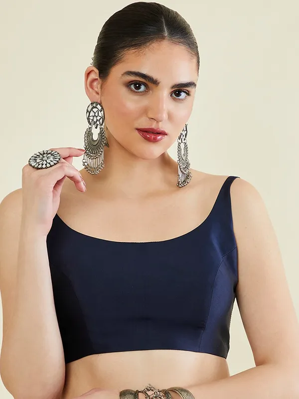 Navy_Blue_Silk_Sleeveless_Cropped_Blouse_For_Women