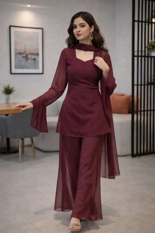 Maroon_Georgette_Fitted_Kurta_Palazzo_Set_For_Women