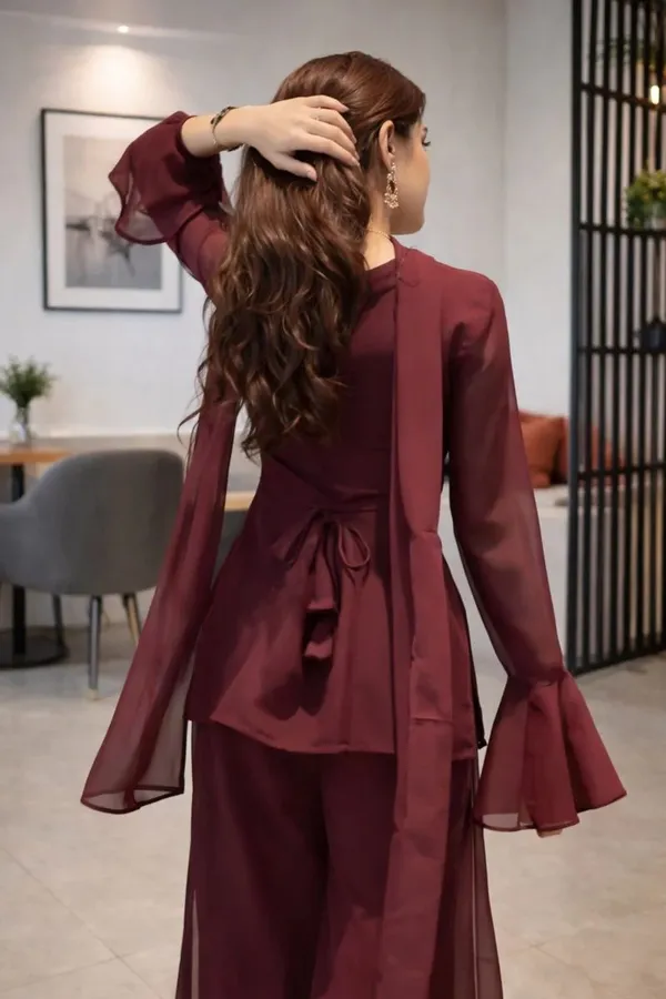 Maroon_Georgette_Fitted_Kurta_Palazzo_Set_For_Women