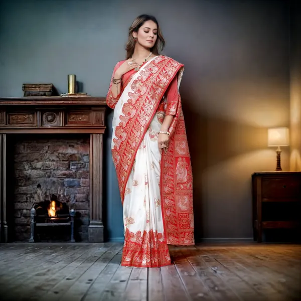 White_Silk_Traditional_Printed_Banarasi_Saree_For_Women