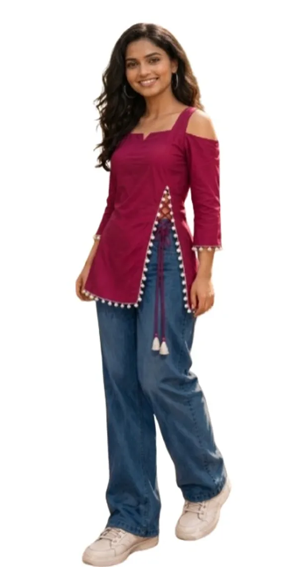 Red_Rayon_Cold_Shoulder_Side_Slit_Kurti_Tunic_For_Women