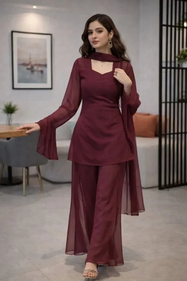 Maroon_Georgette_Fitted_Kurta_Palazzo_Set_For_Women