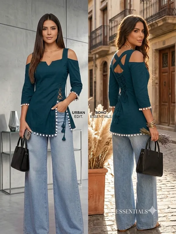 Teal_Rayon_Cold_Shoulder_Kurta_Tunic_For_Women