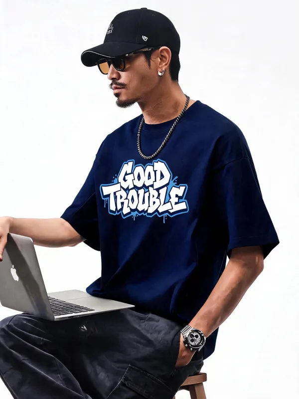 Men's_&_Women's_|_GOOD_TROUBLE_|_NAVY_BLUE_Oversized_Graphic_Printed_T-Shirt_|_100%_Cotton