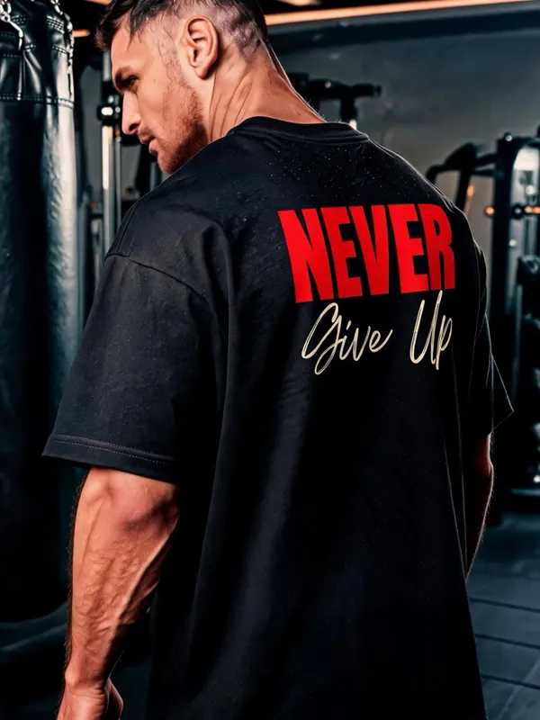 TRYMEEOUT_Men's_&_Women's_|_NEVER_GIVE_UP_|_BLACK_Oversized_Graphic_Printed_T-Shirt_|_100%_TERRY_Cotton_|_Streetwear_Casual_Tee