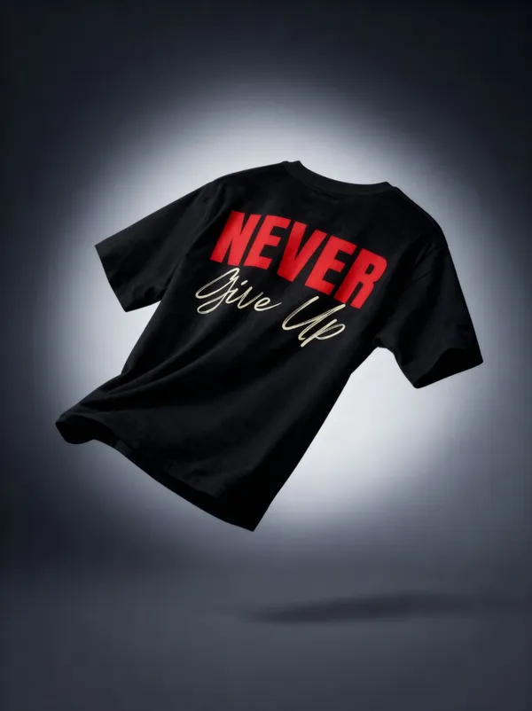 TRYMEEOUT_Men's_&_Women's_|_NEVER_GIVE_UP_|_BLACK_Oversized_Graphic_Printed_T-Shirt_|_100%_TERRY_Cotton_|_Streetwear_Casual_Tee