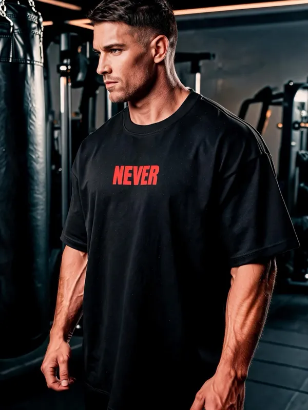 TRYMEEOUT_Men's_&_Women's_|_NEVER_GIVE_UP_|_BLACK_Oversized_Graphic_Printed_T-Shirt_|_100%_TERRY_Cotton_|_Streetwear_Casual_Tee