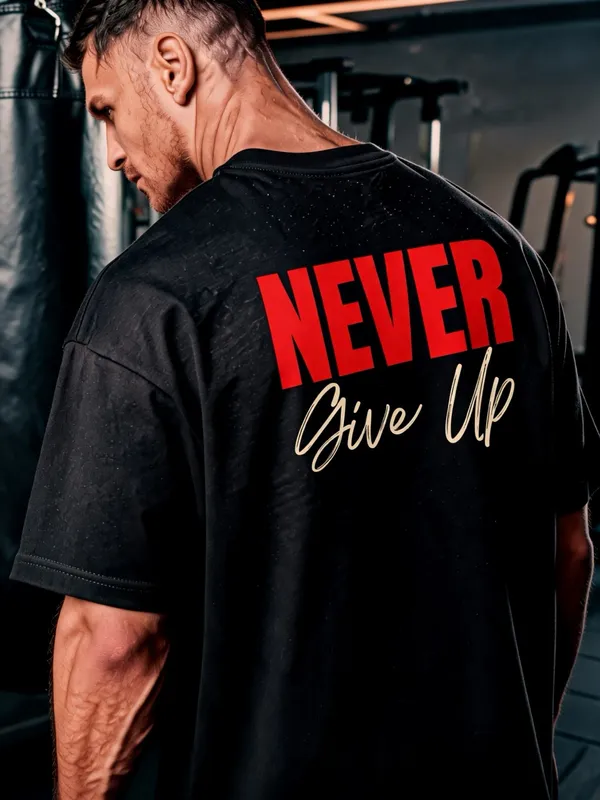 TRYMEEOUT_Men's_&_Women's_|_NEVER_GIVE_UP_|_BLACK_Oversized_Graphic_Printed_T-Shirt_|_100%_TERRY_Cotton_|_Streetwear_Casual_Tee