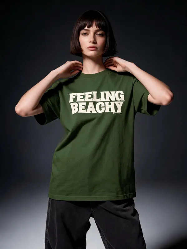 Men's_&_Women's_|_FEELING_BEACHY_|_OLIVE_GREEN_Oversized_Graphic_Printed_T-Shirt_|_100%_Premium_Terry_Cotton