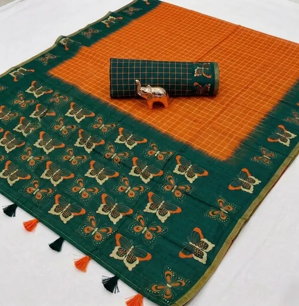 Orange_And_Green_Cotton_Linen_Saree_For_Women