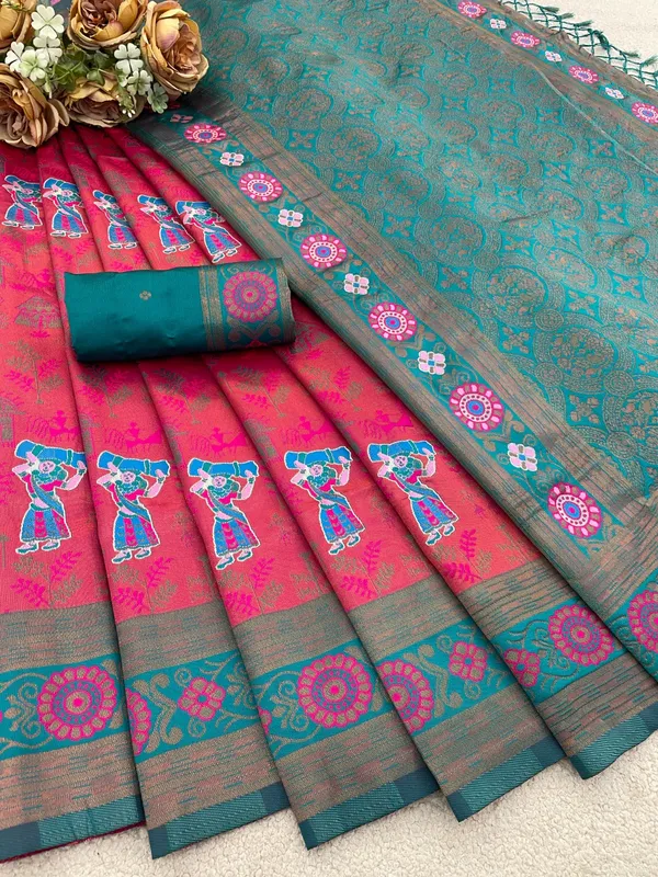 Pink_And_Teal_Banarasi_Art_Silk_Saree_For_Women