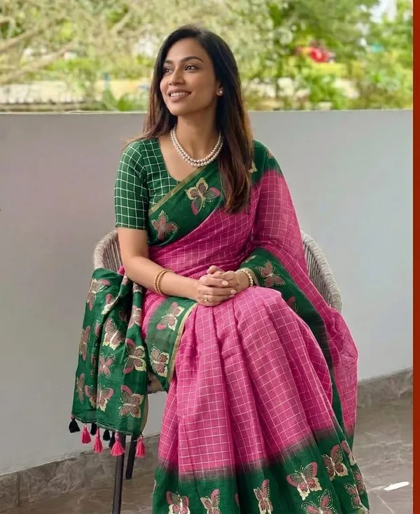 Pink_And_Green_Cotton_Linen_Saree_For_Women