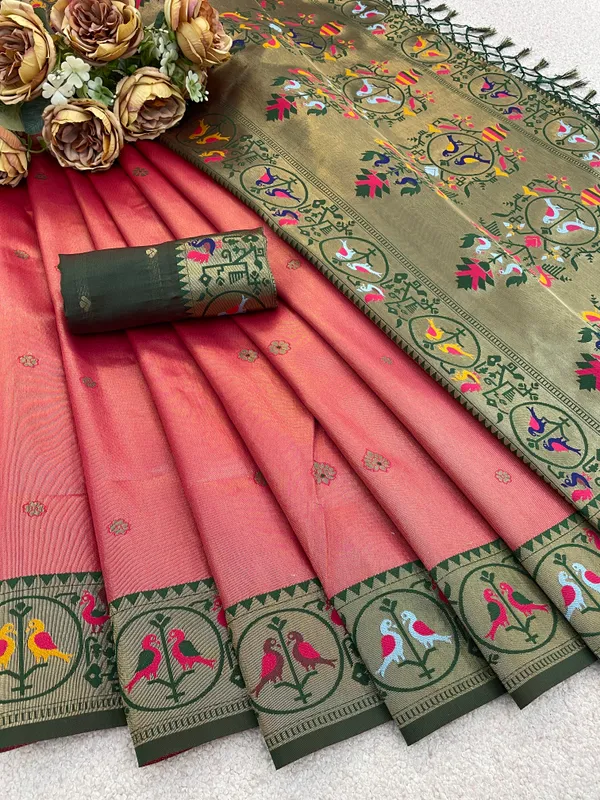 Pink_And_Green_Paithani_Banarasi_Silk_Saree_For_Women