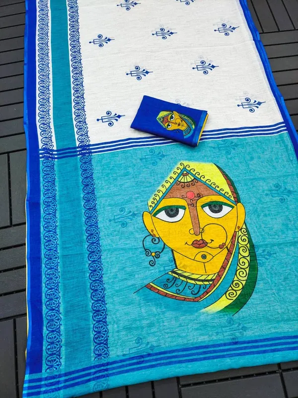 Blue_And_White_Cotton_Linen_Saree_For_Women