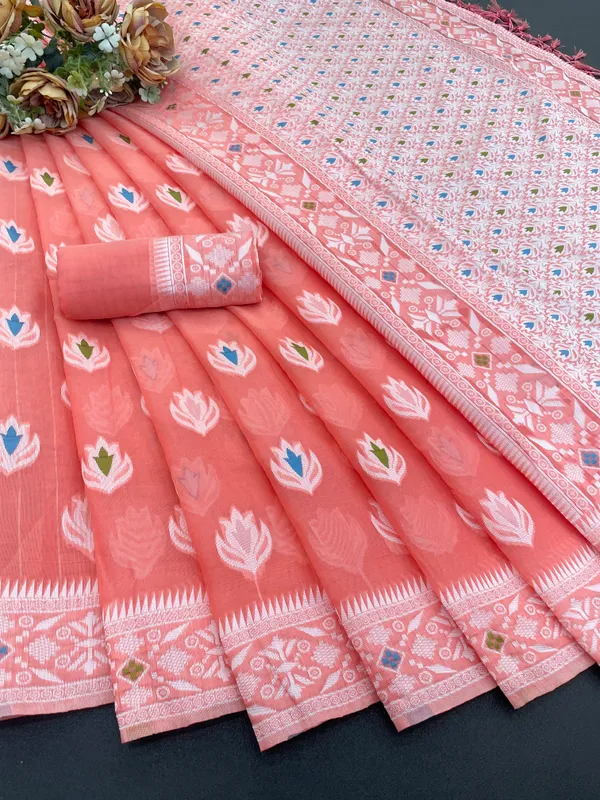 Peach_Banarasi_Cotton_Silk_Saree_For_Women
