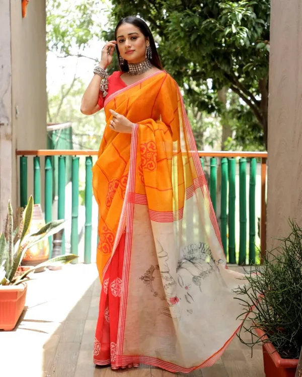 Yellow_Cotton_Linen_Saree_For_Women