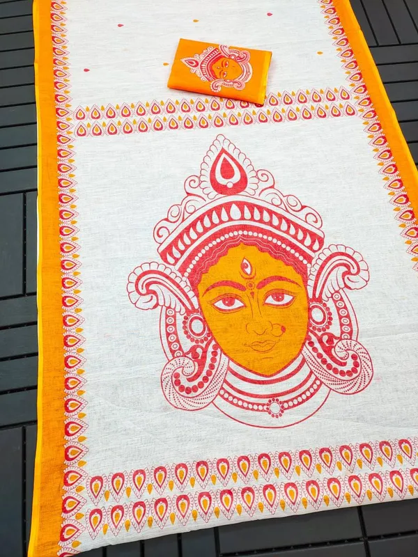 White_And_Yellow__Cotton_Linen_Saree_For_Women