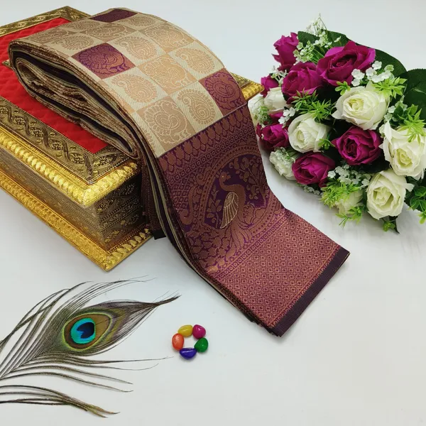 Beige_And_Maroon_Kanjeevaram_Banarasi_Silk_Saree_For_Women