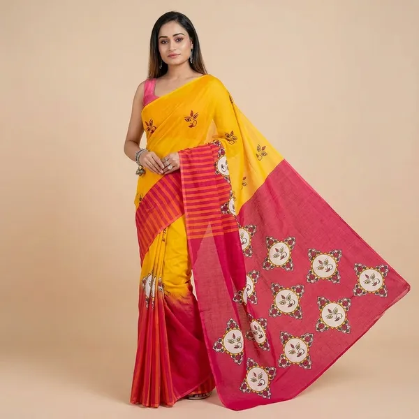 Yellow_And_Pink_Cotton_Linen_Saree_For_Women