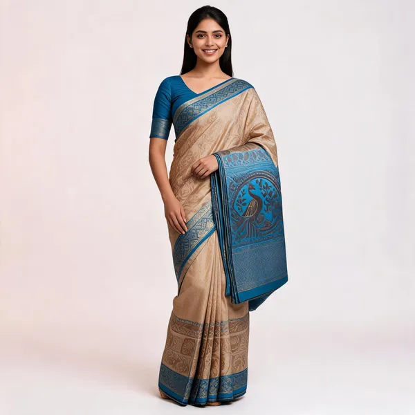 Beige_And_Blue_Kanjeevaram_Banarasi_Silk_Saree_For_Women