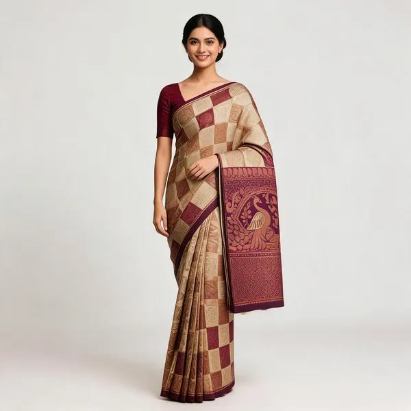 Beige_And_Maroon_Kanjeevaram_Banarasi_Silk_Saree_For_Women