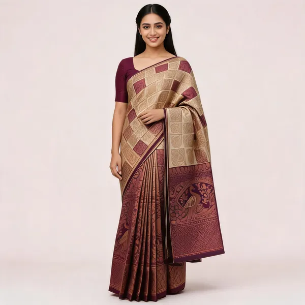 Beige_And_Maroon_Kanjeevaram_Banarasi_Silk_Saree_For_Women