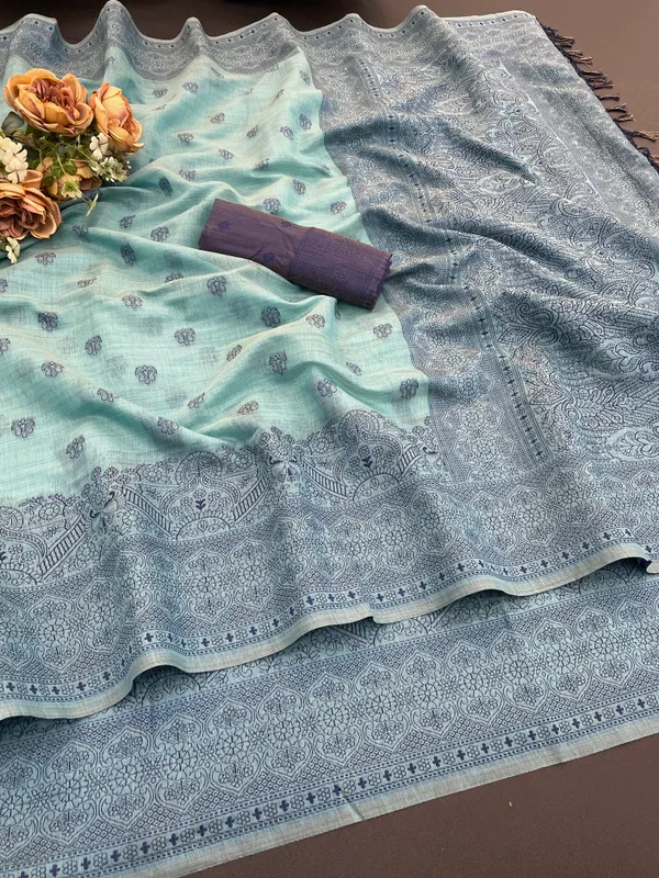 Cotton_Silk_Linen_Saree_beautifully_cotton_saree_featuring_delicate_floral_prints_and_designed_border_daily_wear,_office_Party_Wear_With_tassels_latkan_And_blouse_piece