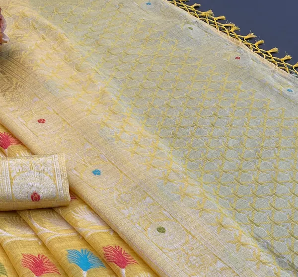 Cotton_Silk_Linen_Saree_beautifully_cotton_saree_featuring_delicate_floral_prints_and_designed_border_daily_wear,_office_Party_Wear_With_tassels_latkan_And_blouse_piece