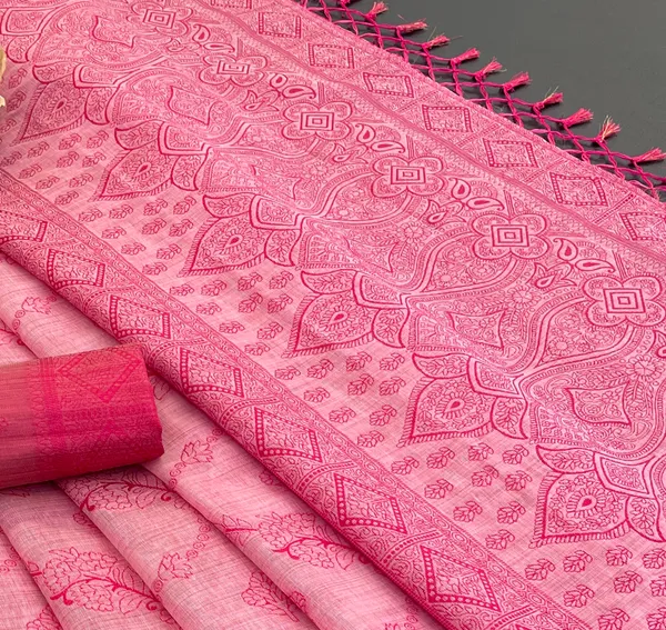 Cotton_Silk_Linen_Saree_beautifully_cotton_saree_featuring_delicate_floral_prints_and_designed_border_daily_wear,_office_Party_Wear_With_tassels_latkan_And_blouse_piece