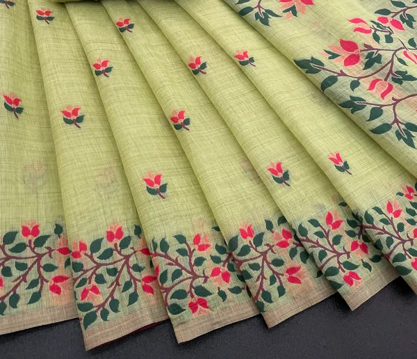 Cotton_Silk_Linen_Saree_beautifully_cotton_saree_featuring_delicate_floral_prints_and_designed_border_daily_wear,_office_Party_Wear_With_tassels_latkan_And_blouse_piece