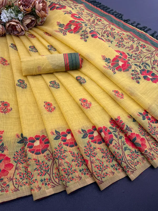 Cotton_Silk_Linen_Saree_beautifully_cotton_saree_featuring_delicate_floral_prints_and_designed_border_daily_wear,_office_Party_Wear_With_tassels_latkan_And_blouse_piece