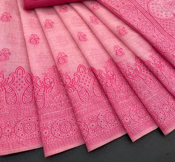 Cotton_Silk_Linen_Saree_beautifully_cotton_saree_featuring_delicate_floral_prints_and_designed_border_daily_wear,_office_Party_Wear_With_tassels_latkan_And_blouse_piece