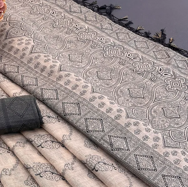Cotton_Silk_Linen_Saree_beautifully_cotton_saree_featuring_delicate_floral_prints_and_designed_border_daily_wear,_office_Party_Wear_With_tassels_latkan_And_blouse_piece