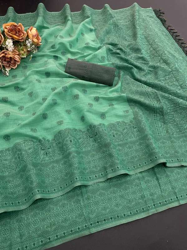 Cotton_Silk_Linen_Saree_beautifully_cotton_saree_featuring_delicate_floral_prints_and_designed_border_daily_wear,_office_Party_Wear_With_tassels_latkan_And_blouse_piece