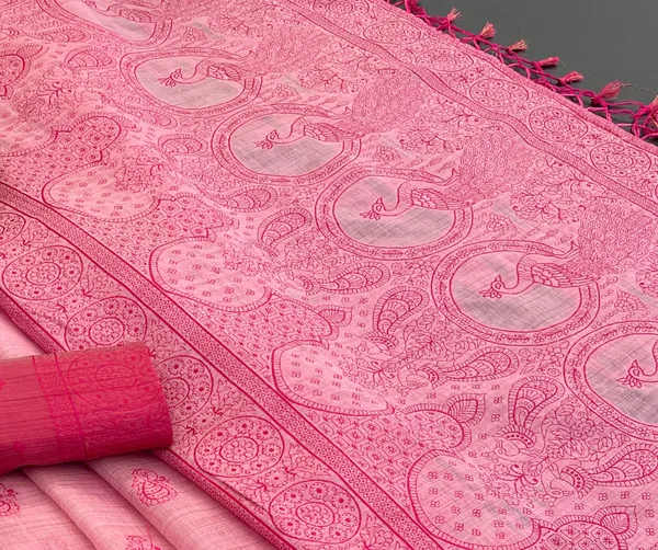 Cotton_Silk_Linen_Saree_beautifully_cotton_saree_featuring_delicate_floral_prints_and_designed_border_daily_wear,_office_Party_Wear_With_tassels_latkan_And_blouse_piece