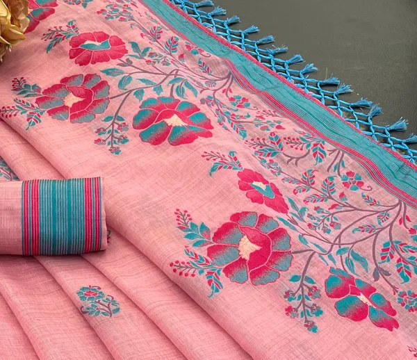 Cotton_Silk_Linen_Saree_beautifully_cotton_saree_featuring_delicate_floral_prints_and_designed_border_daily_wear,_office_Party_Wear_With_tassels_latkan_And_blouse_piece