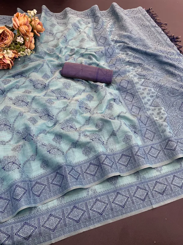 Cotton_Silk_Linen_Saree_beautifully_cotton_saree_featuring_delicate_floral_prints_and_designed_border_daily_wear,_office_Party_Wear_With_tassels_latkan_And_blouse_piece