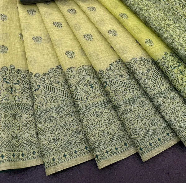 Cotton_Silk_Linen_Saree_beautifully_cotton_saree_featuring_delicate_floral_prints_and_designed_border_daily_wear,_office_Party_Wear_With_tassels_latkan_And_blouse_piece