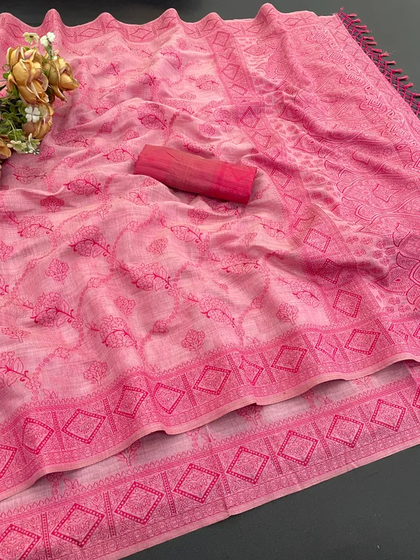 Cotton_Silk_Linen_Saree_beautifully_cotton_saree_featuring_delicate_floral_prints_and_designed_border_daily_wear,_office_Party_Wear_With_tassels_latkan_And_blouse_piece