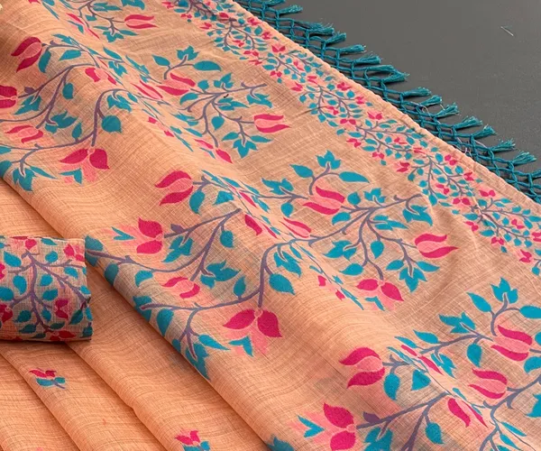 Cotton_Silk_Linen_Saree_beautifully_cotton_saree_featuring_delicate_floral_prints_and_designed_border_daily_wear,_office_Party_Wear_With_tassels_latkan_And_blouse_piece