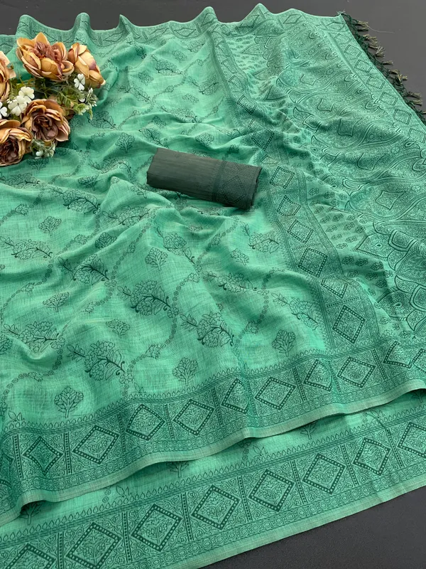 Cotton_Silk_Linen_Saree_beautifully_cotton_saree_featuring_delicate_floral_prints_and_designed_border_daily_wear,_office_Party_Wear_With_tassels_latkan_And_blouse_piece