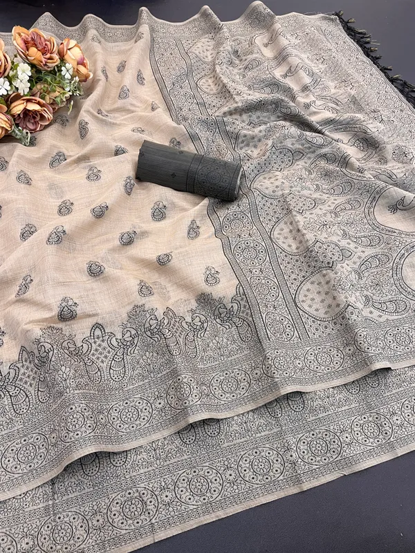 Cotton_Silk_Linen_Saree_beautifully_cotton_saree_featuring_delicate_floral_prints_and_designed_border_daily_wear,_office_Party_Wear_With_tassels_latkan_And_blouse_piece