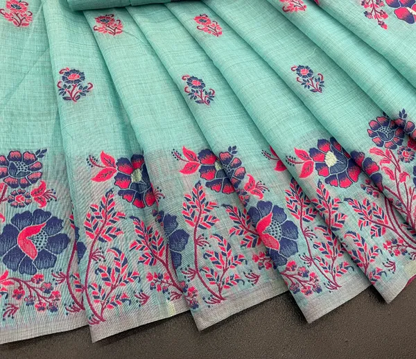 Cotton_Silk_Linen_Saree_beautifully_cotton_saree_featuring_delicate_floral_prints_and_designed_border_daily_wear,_office_Party_Wear_With_tassels_latkan_And_blouse_piece