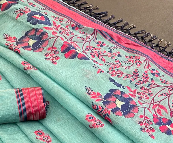Cotton_Silk_Linen_Saree_beautifully_cotton_saree_featuring_delicate_floral_prints_and_designed_border_daily_wear,_office_Party_Wear_With_tassels_latkan_And_blouse_piece